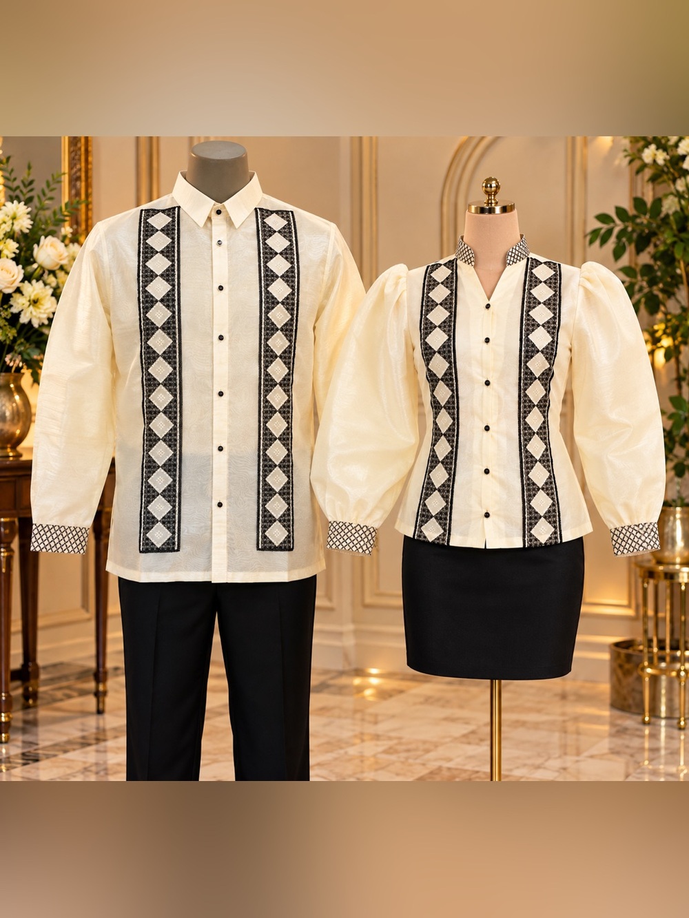 Elegant Filipiniana Couple Set – Embroidered Barong & Matching Women’s Blouse